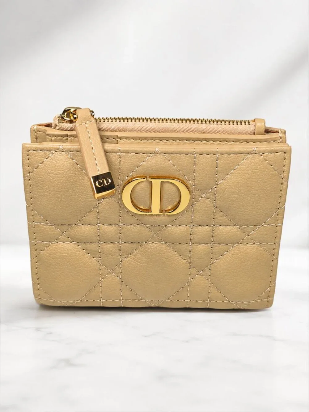 Christian Dior Beige Cannage Quilted Leather Compact Wallet - New